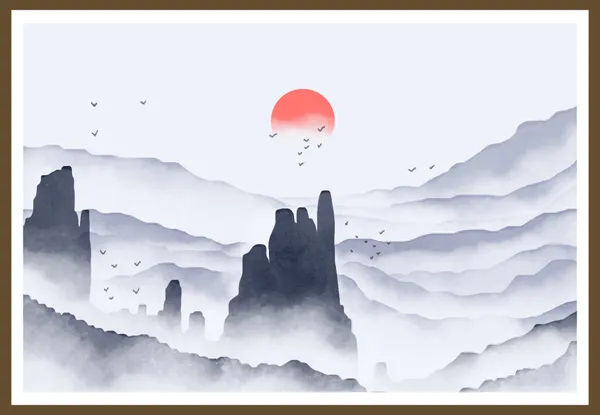Framed_Asian_Landscape_Art_Print_With_Misty_Mountains_And_Red_Sun
