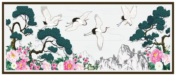 Elegant_Flying_Cranes_With_Pine_Trees_And_Peonies_Wall_Art_Poster