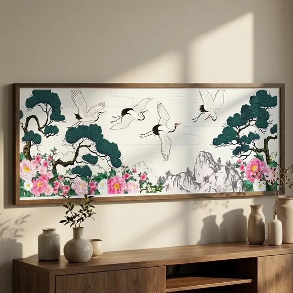 Elegant_Flying_Cranes_With_Pine_Trees_And_Peonies_Wall_Art_Poster