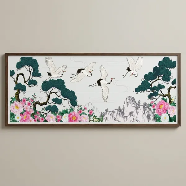 Elegant_Flying_Cranes_With_Pine_Trees_And_Peonies_Wall_Art_Poster