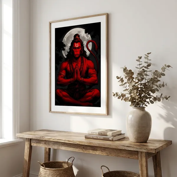 Hanuman_Meditation_Wall_Art_-_Red_Spiritual_Poster_With_Full_Moon_Background