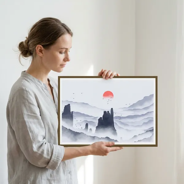 Framed_Asian_Landscape_Art_Print_With_Misty_Mountains_And_Red_Sun