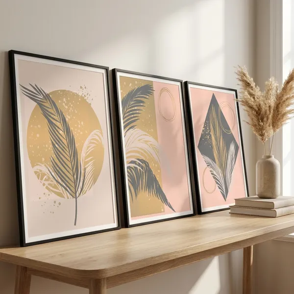 Boho_Abstract_Leaf_Wall_Art_Poster_Set_Of_3_-_Pink,_Gold_&_Grey