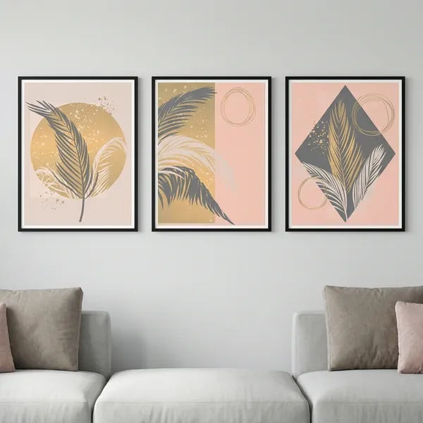 Boho_Abstract_Leaf_Wall_Art_Poster_Set_Of_3_-_Pink,_Gold_&_Grey