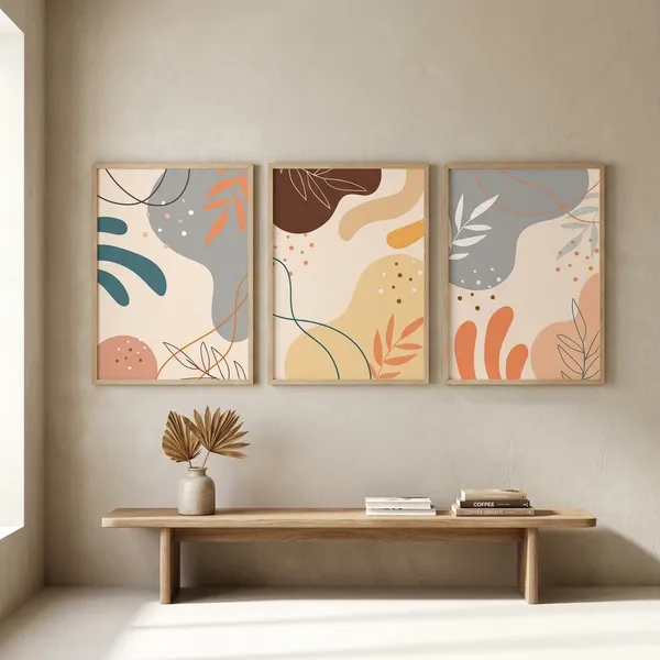 Abstract_Floral_And_Geometric_Art_Print_Set_Of_3_-_Beige,_Coral_&_Gray_Wall_Decor