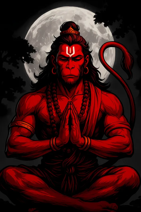 Hanuman_Meditation_Wall_Art_-_Red_Spiritual_Poster_With_Full_Moon_Background