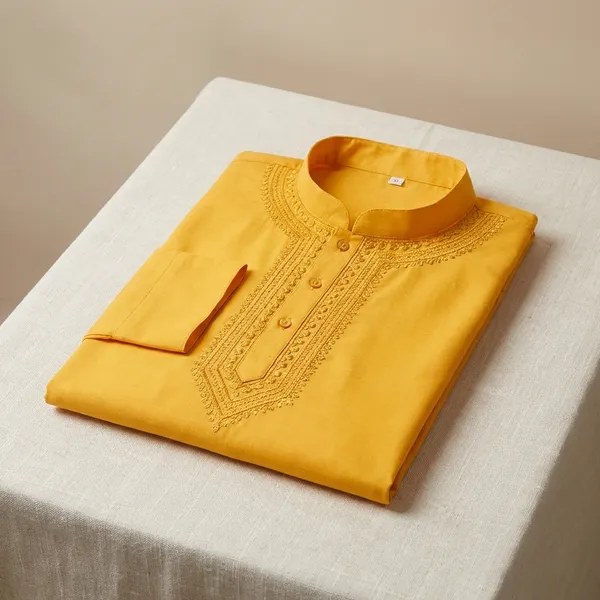 Yellow_Jute_Neck_Embroidery_Cotton_Kurta_For_Men