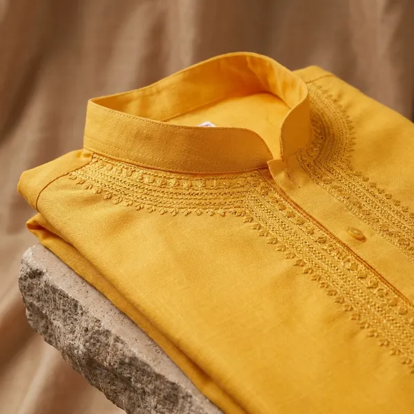 Yellow_Jute_Neck_Embroidery_Cotton_Kurta_For_Men