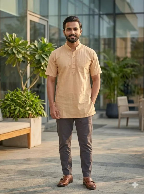 beige_Colour__Neck_Embroidery_Cotton_Short_Kurta_For_Men