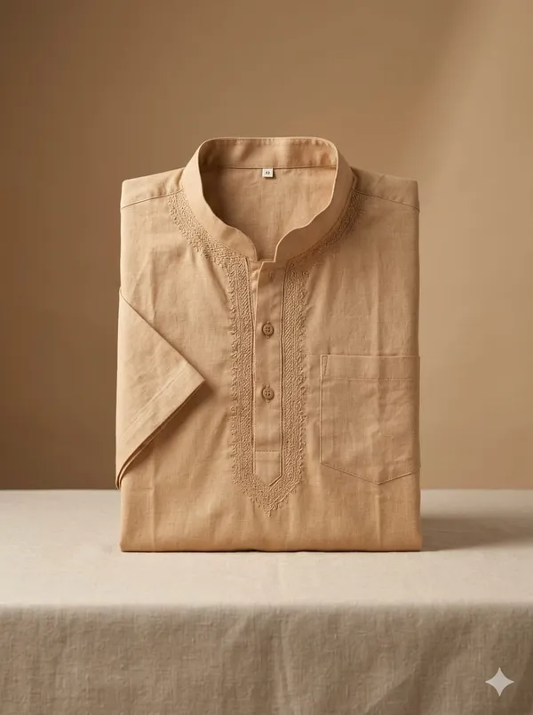 beige_Colour__Neck_Embroidery_Cotton_Short_Kurta_For_Men