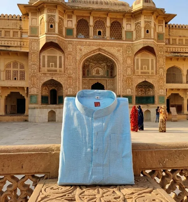 Blue_Swiss_Cotton_Short_Kurta_For_Men