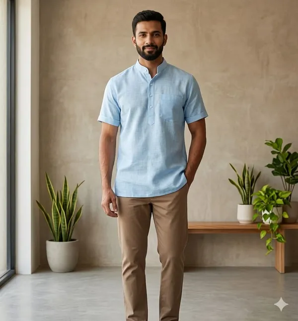 Blue_Swiss_Cotton_Short_Kurta_For_Men