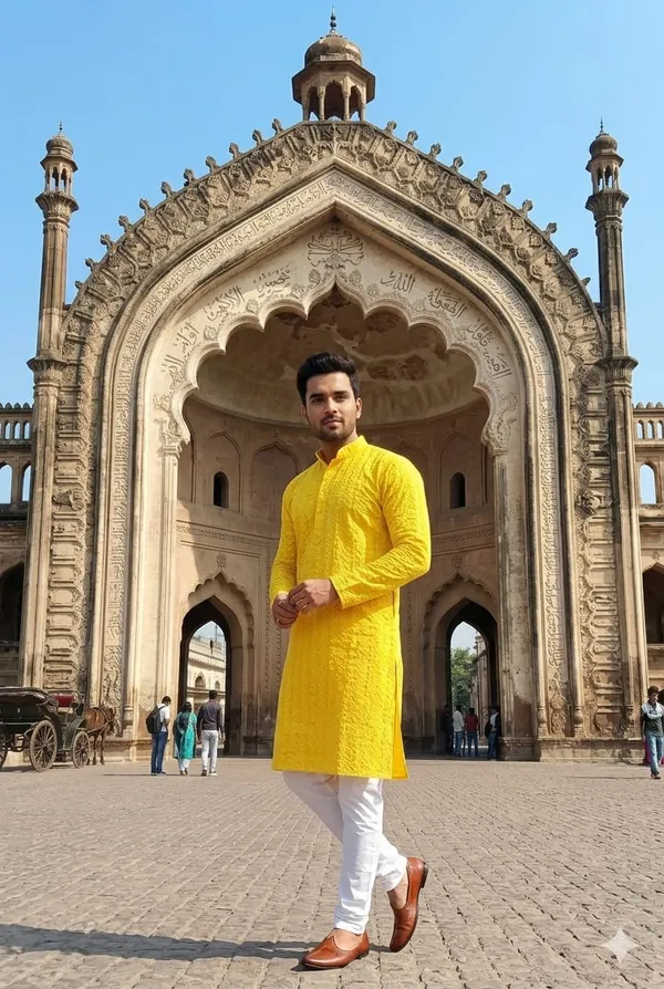 1_Lucknowi_Yellow_Reyon_Fancy_Kurta_For_Men