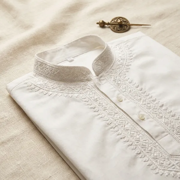 White_Fine_Cotton_Neck_Embroidery_Kurta_For_Men