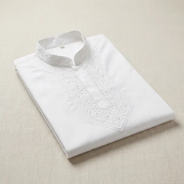 White_Cotton_Neck_Embroidery_Kurta_For_Men