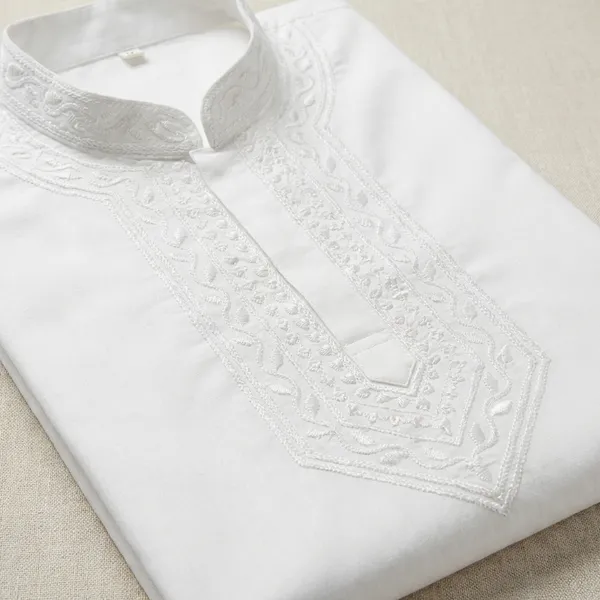 White_Cotton_Neck_Embroidery_Kurta_For_Men