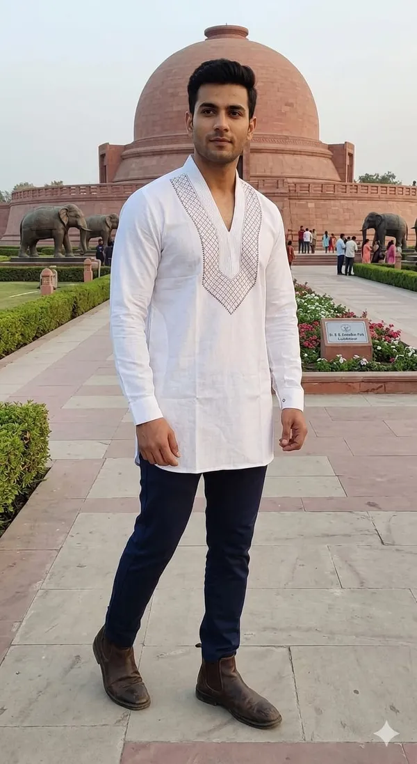 White_Khaddar_Cotton_Short_Kurta_For_Men