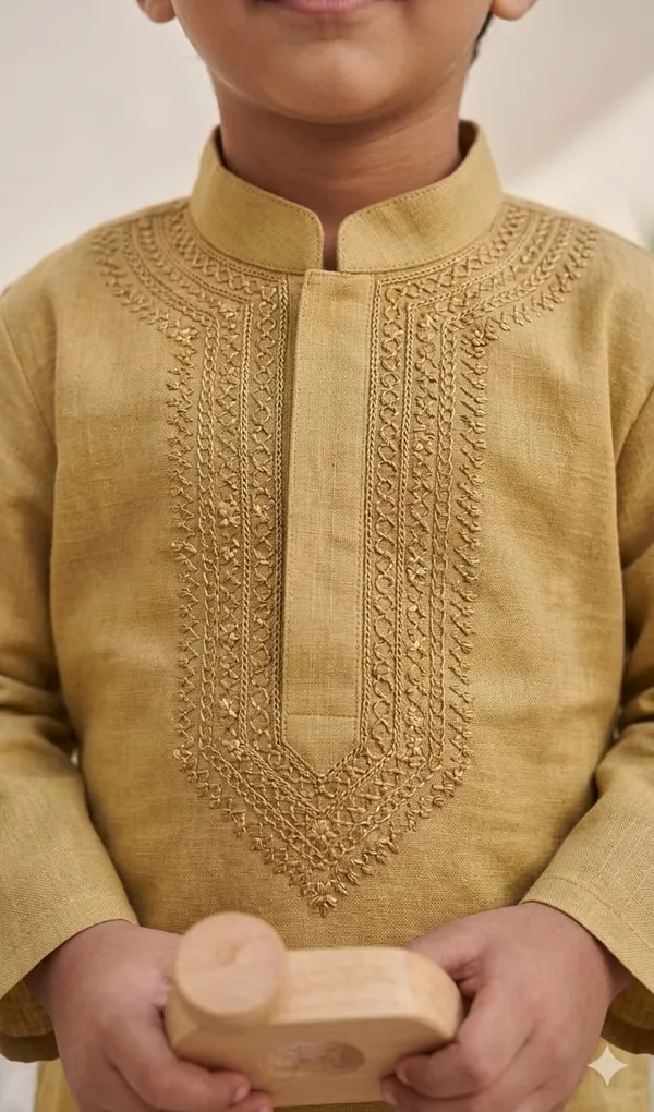 Kids_Muted_Olive_Green_Jute_Cotton_Kurta_Pajama_Set_