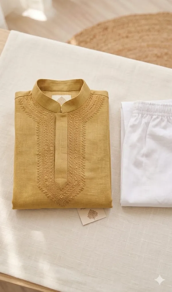 Kids_Muted_Olive_Green_Jute_Cotton_Kurta_Pajama_Set_