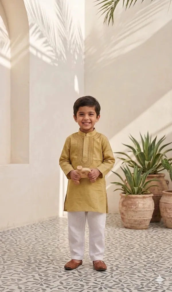 Kids_Muted_Olive_Green_Jute_Cotton_Kurta_Pajama_Set_