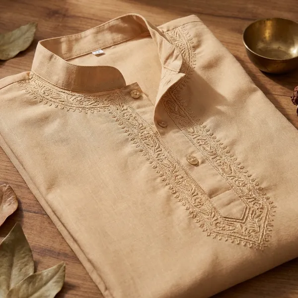 beige_Colour__Neck_Embroidery_Cotton_Short_Kurta_For_Men