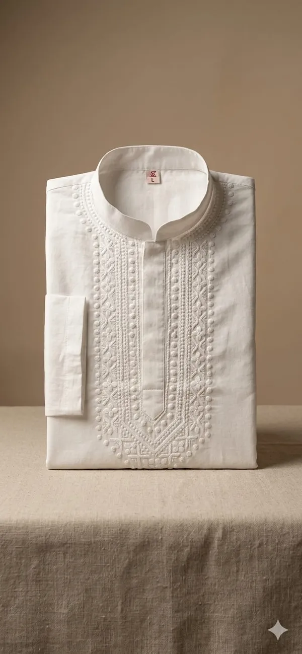 White_Fine_Cotton_Neck_Embroidery_Kurta_For_Men