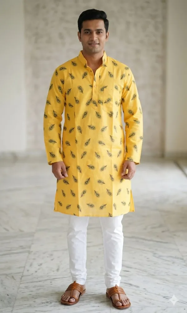 Yellow_Peakcock_print_Jute_Cotton_Kurta_For_Men