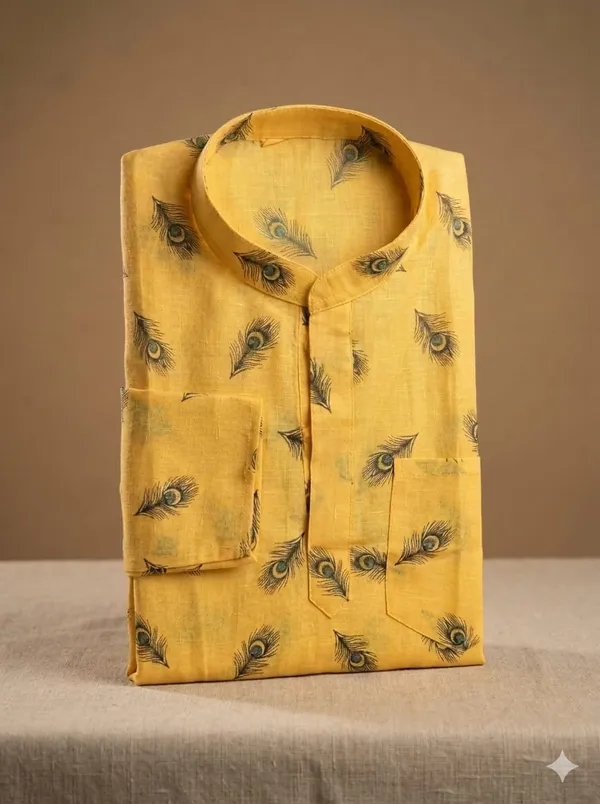Yellow_Peakcock_print_Jute_Cotton_Kurta_For_Men