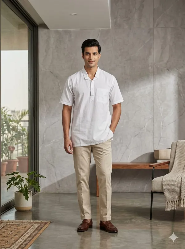 White_Cotton_Short_Kurta_For_Men