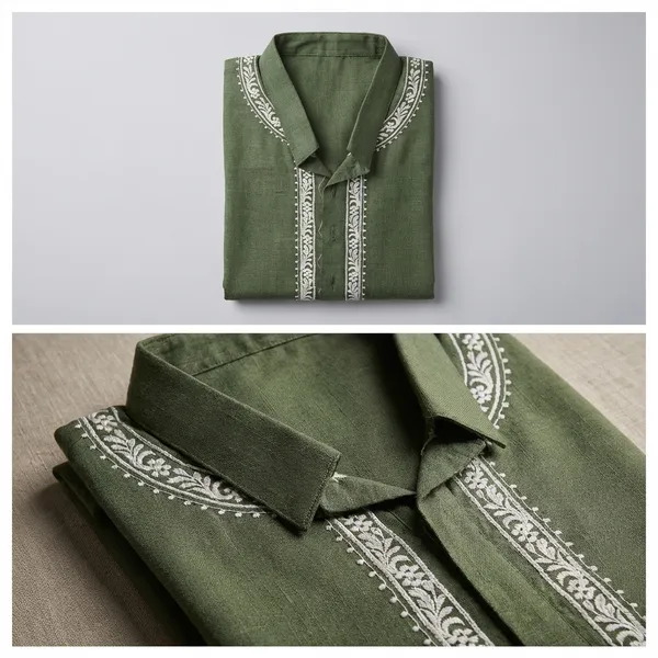 Green_(Mehndi)_Jute_Cotton_Neck_Embroidery_Kurta_For_Men