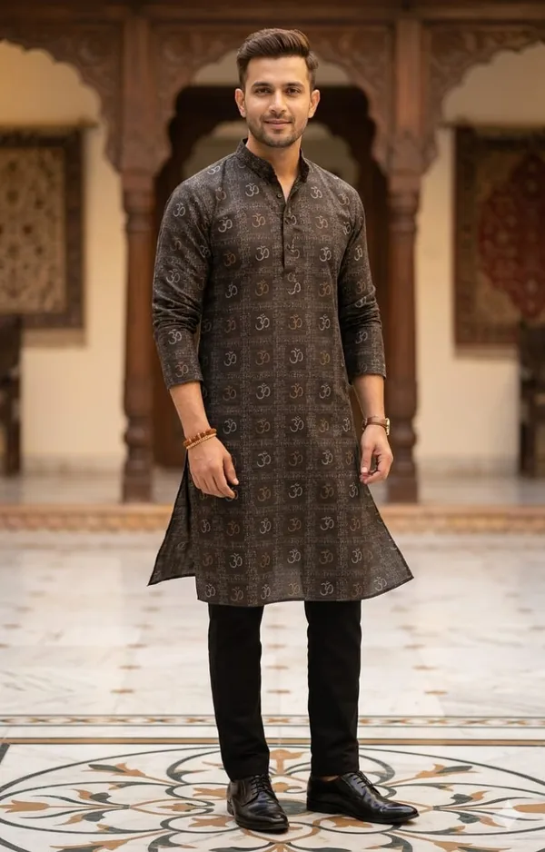 Grey_Jute_Cotton_Om_Print_Kurta_For_Men