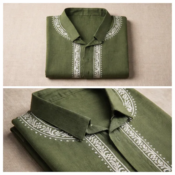 Green_(Mehndi)_Jute_Cotton_Neck_Embroidery_Kurta_For_Men
