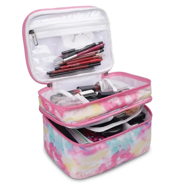 Pink_Polyester_Double_Deck_Bag_For_Carrying_Personal_Items_And_Accessories