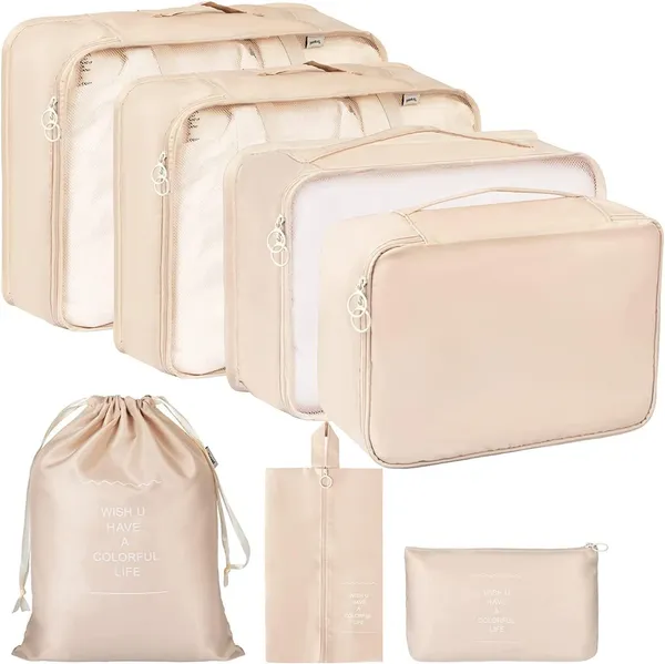 Beige_Nylon_Packing_Cubes_Set_For_Travel_Clothes_Organization_Pack_Of_7