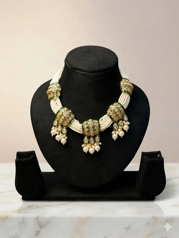 White_Alloy_Pearl_Kundan_Choker_Necklace_Set_For_Women