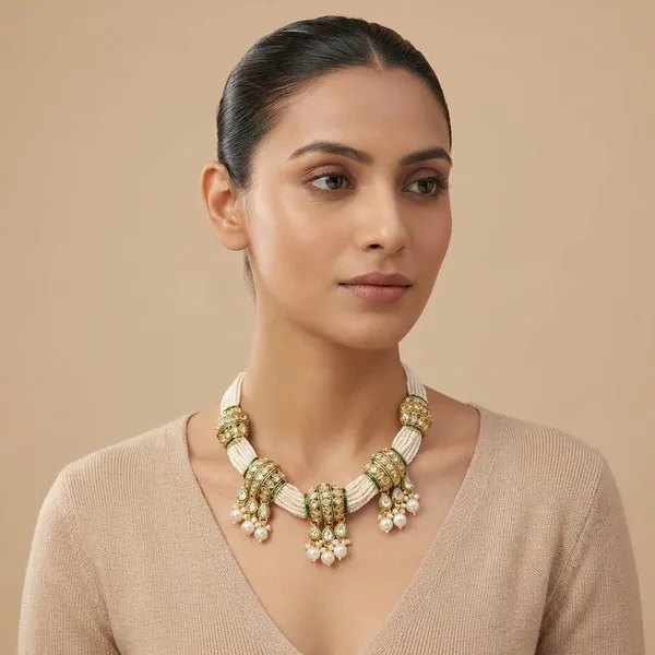 White_Alloy_Pearl_Kundan_Choker_Necklace_Set_For_Women