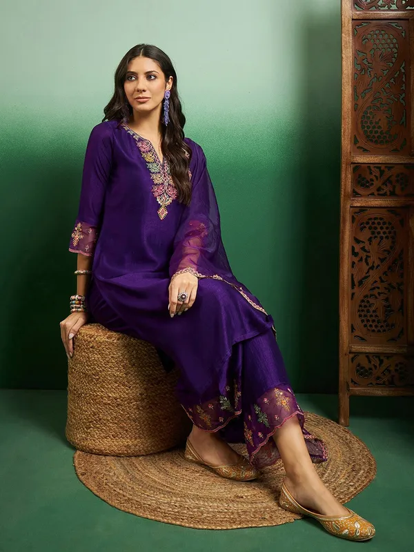 Blue_Chanderi_Silk_Kurti_With_Pant_And_Dupatta_Set_For_Women