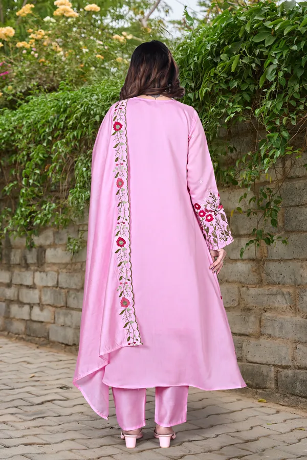 Light_Pink_Chanderi_Silk_Kurti_With_Pant_And_Dupatta_Set_For_Women