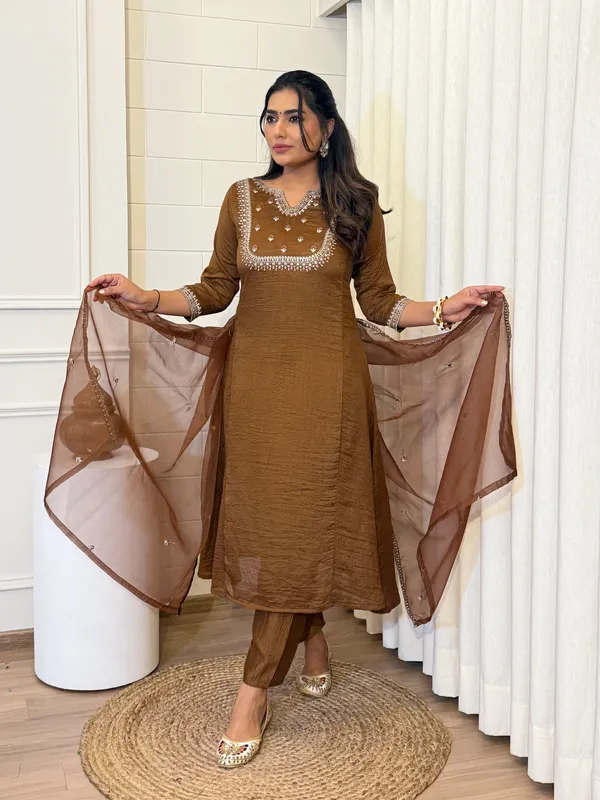 Brown_Vichitra_Silk_Kurti_With_Pant_And_Dupatta_Set_For_Women