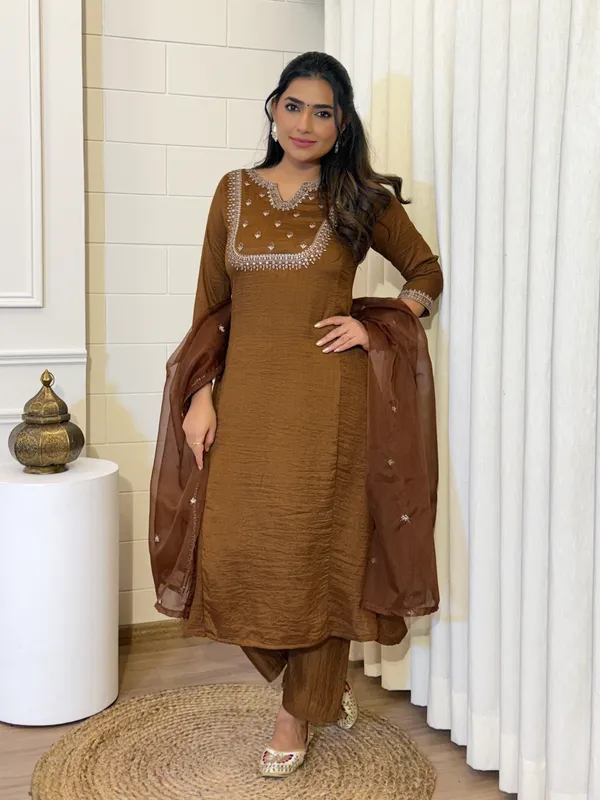 Brown_Vichitra_Silk_Kurti_With_Pant_And_Dupatta_Set_For_Women