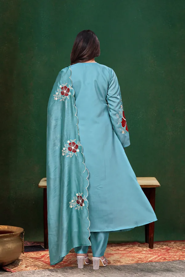 Sky_Blue_And_Red_Chanderi_Silk_Kurti_With_Pant_And_Dupatta_Set_For_Women