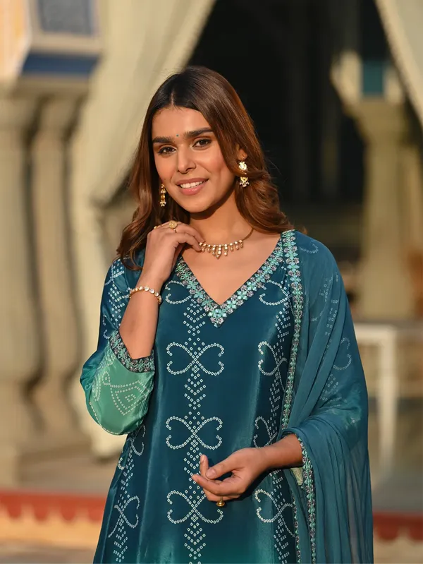 Blue_Chinon_Silk_Kurti_With_Pant_And_Dupatta_Set_For_Women