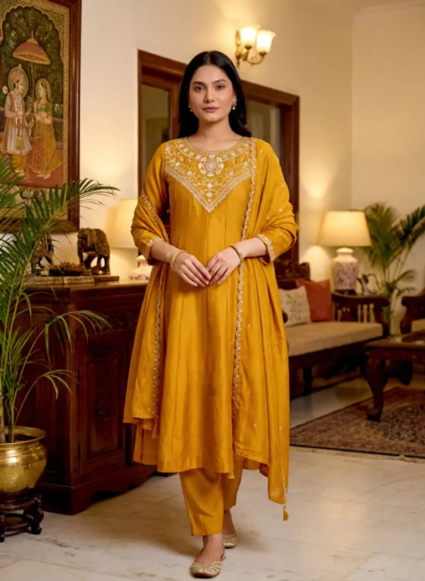 Orange_Vichitra_Silk_Kurti_With_Pant_And_Dupatta_Set_For_Women