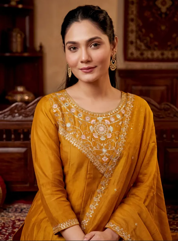 Orange_Vichitra_Silk_Kurti_With_Pant_And_Dupatta_Set_For_Women