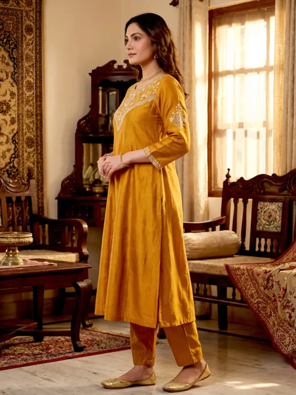 Orange_Vichitra_Silk_Kurti_With_Pant_And_Dupatta_Set_For_Women
