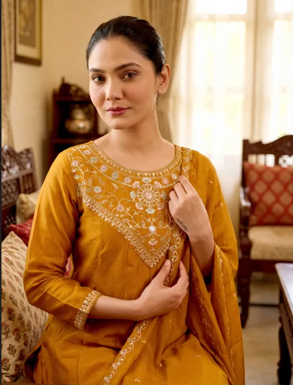 Orange_Vichitra_Silk_Kurti_With_Pant_And_Dupatta_Set_For_Women