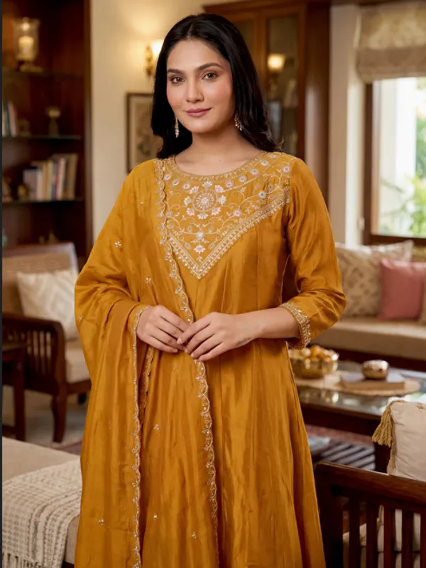 Orange_Vichitra_Silk_Kurti_With_Pant_And_Dupatta_Set_For_Women
