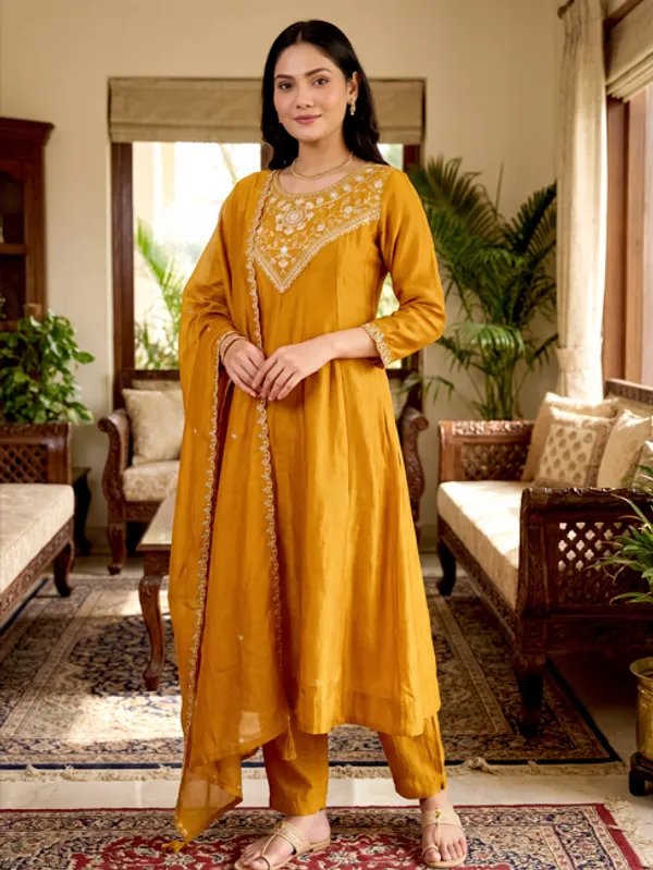 Orange_Vichitra_Silk_Kurti_With_Pant_And_Dupatta_Set_For_Women