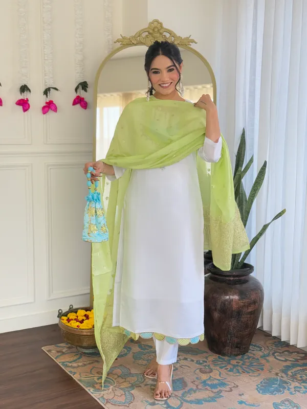 White_And_Light_Green_Viscose_Chanderi_Kurti_With_Pant_And_Dupatta_Set_For_Women