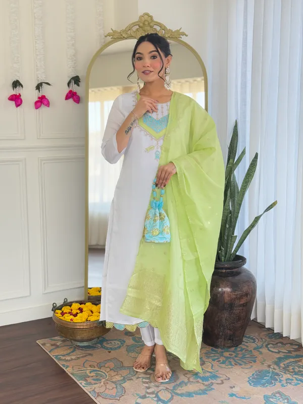 White_And_Light_Green_Viscose_Chanderi_Kurti_With_Pant_And_Dupatta_Set_For_Women